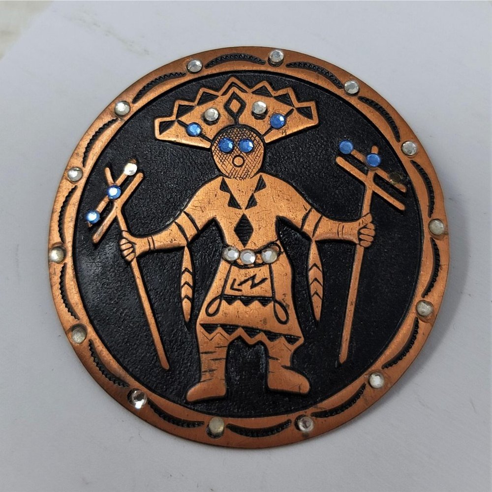 Copper Indian Fancy Dancer Pin Brooch Rhinestones - Picture 3 of 7